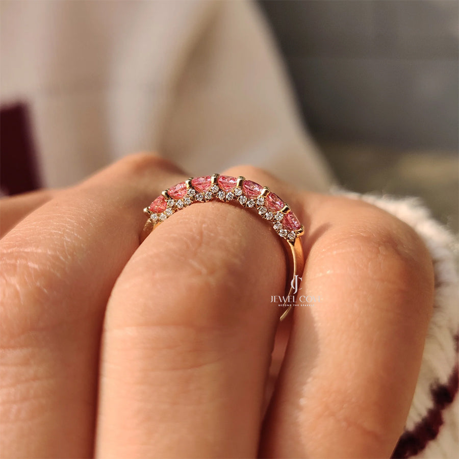 Pink Round lab Grown Diamond Wedding Band in Half Eternity Style | IGI Certificate