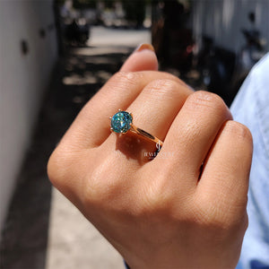 Cyan Blue Portuguese Cut Solitaire Engagement Ring | Lab Grown Diamond | 6 prong Cathedral Ring