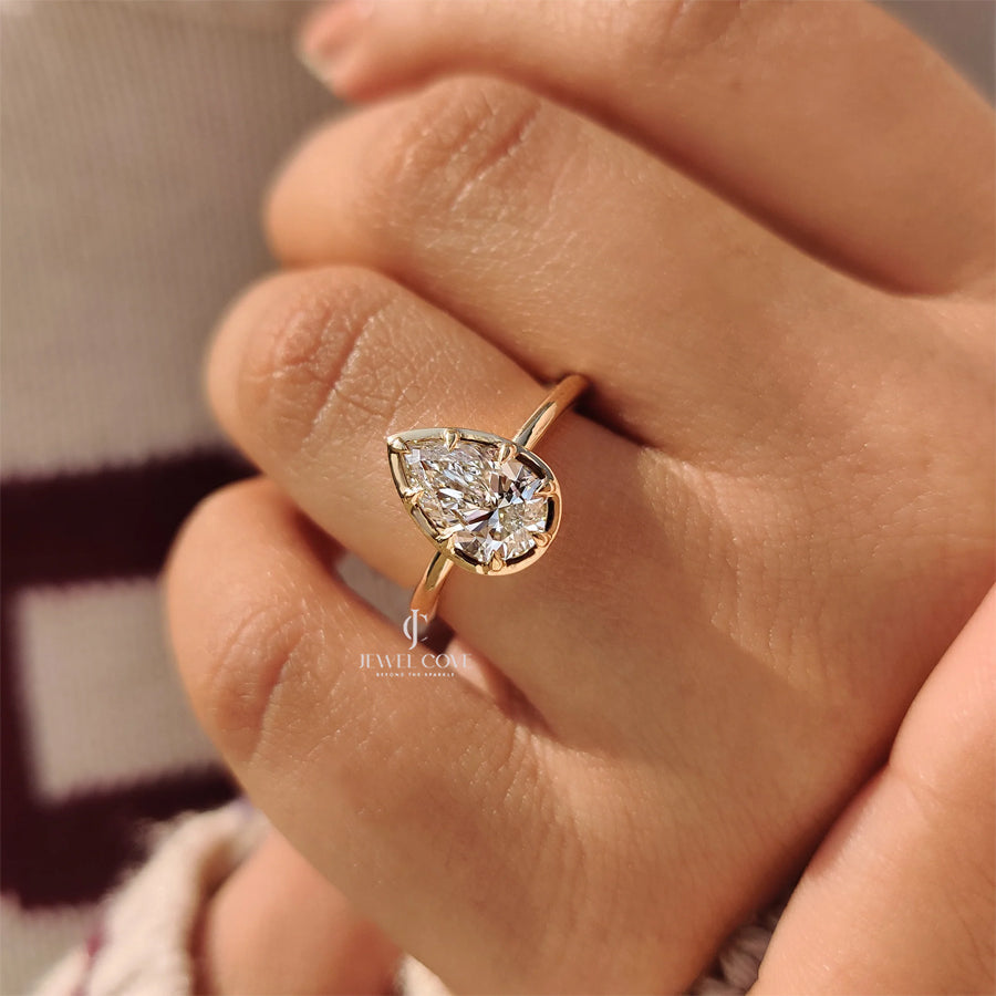 Pear Cut Diamond Ring in Bezel Type Prong Setting | Lab Grown Diamonds | IGI Certified | E-F Color