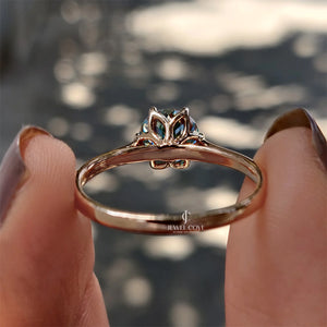 Cyan Blue Portuguese Cut Solitaire Engagement Ring | Lab Grown Diamond | 6 prong Cathedral Ring