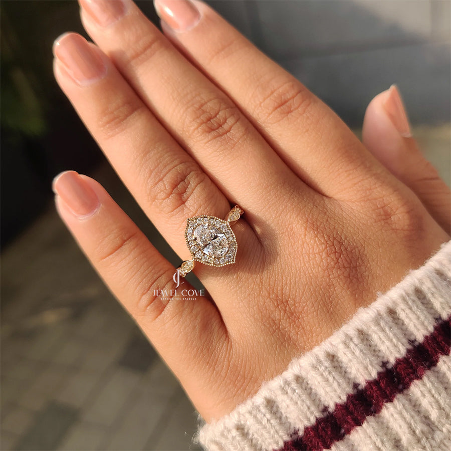 Vintage Oval Cut Diamond Ring in Milgrain Setting | Lab Grown Diamonds | IGI Certified