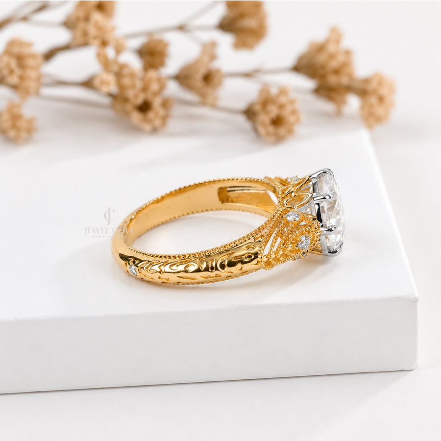 2.5CT Round Vintage Style Diamond Yellow Gold Ring | Lab Grown Diamonds | IGI Certified | VVS-VS Clarity