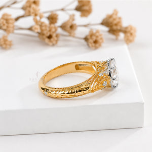 2.5CT Round Vintage Style Diamond Yellow Gold Ring | Lab Grown Diamonds | IGI Certified | VVS-VS Clarity