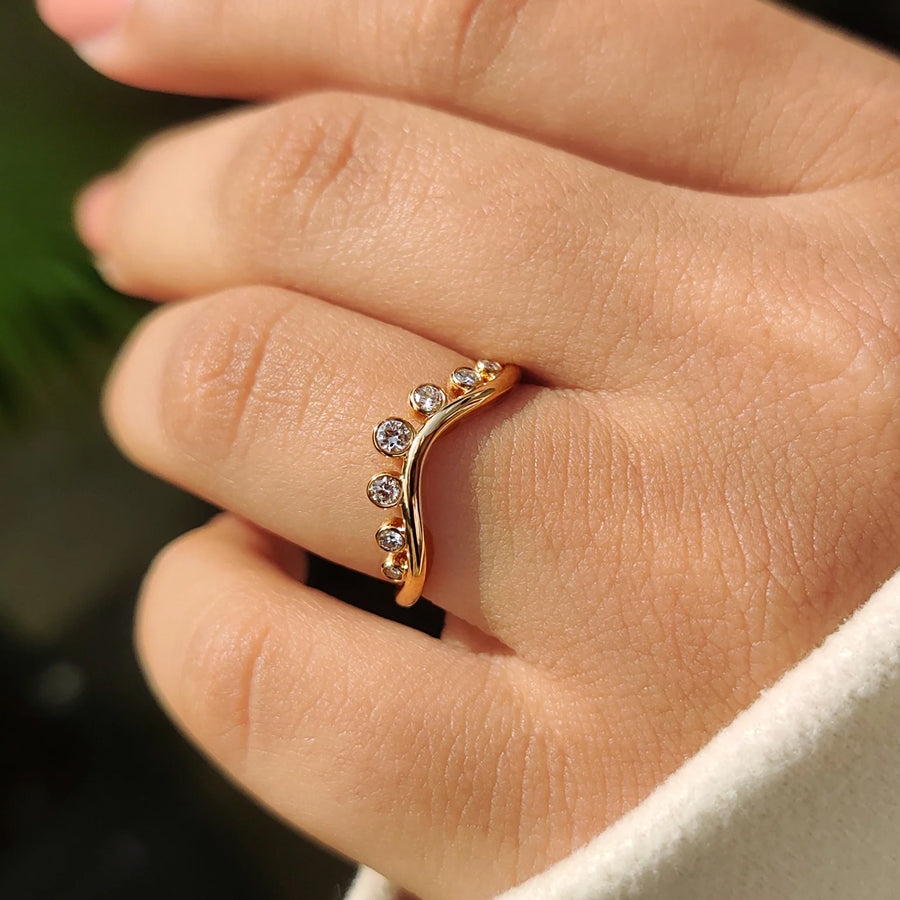 Bezel Set Curved Gold Wedding Band | Moissanite Diamonds | IGI Certified | E-F Color