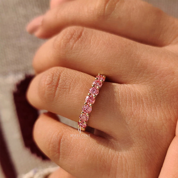 Pink Round lab Grown Diamond Wedding Band in Half Eternity Style | IGI Certificate