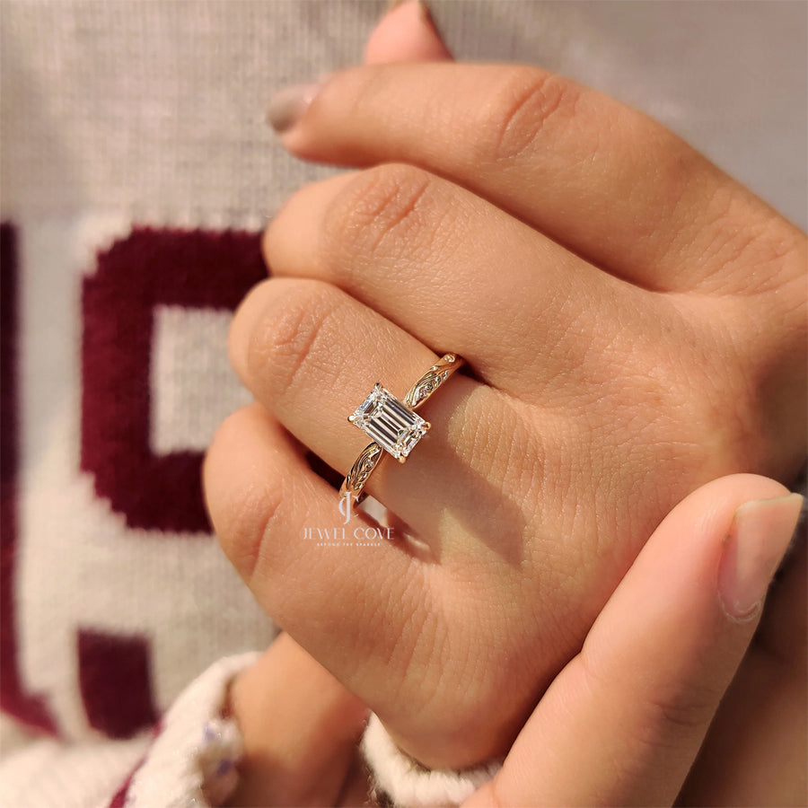 1CT Emerald Nature Inspired Diamond Ring | Lab Grown Diamonds | IGI Certified