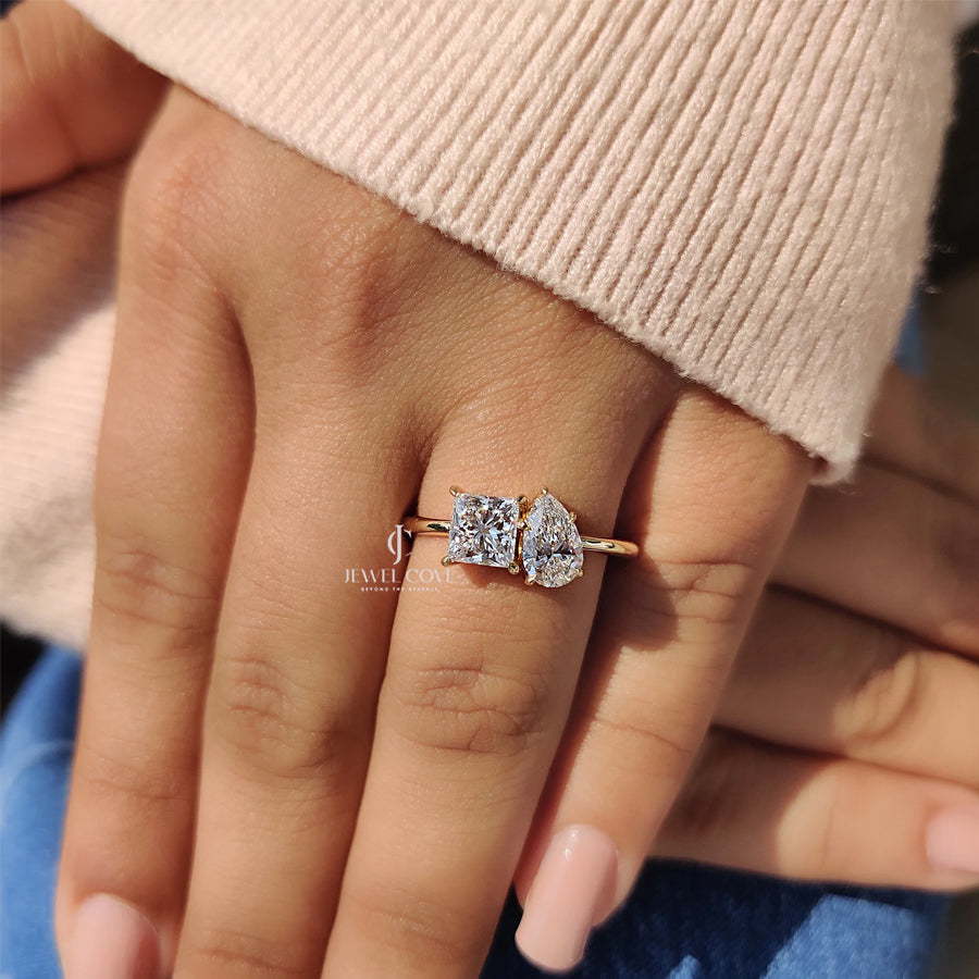 Toi Et Moi Engagement Ring With Princess And Pear Cut Diamond | Moissanite Diamonds | GRA Certified