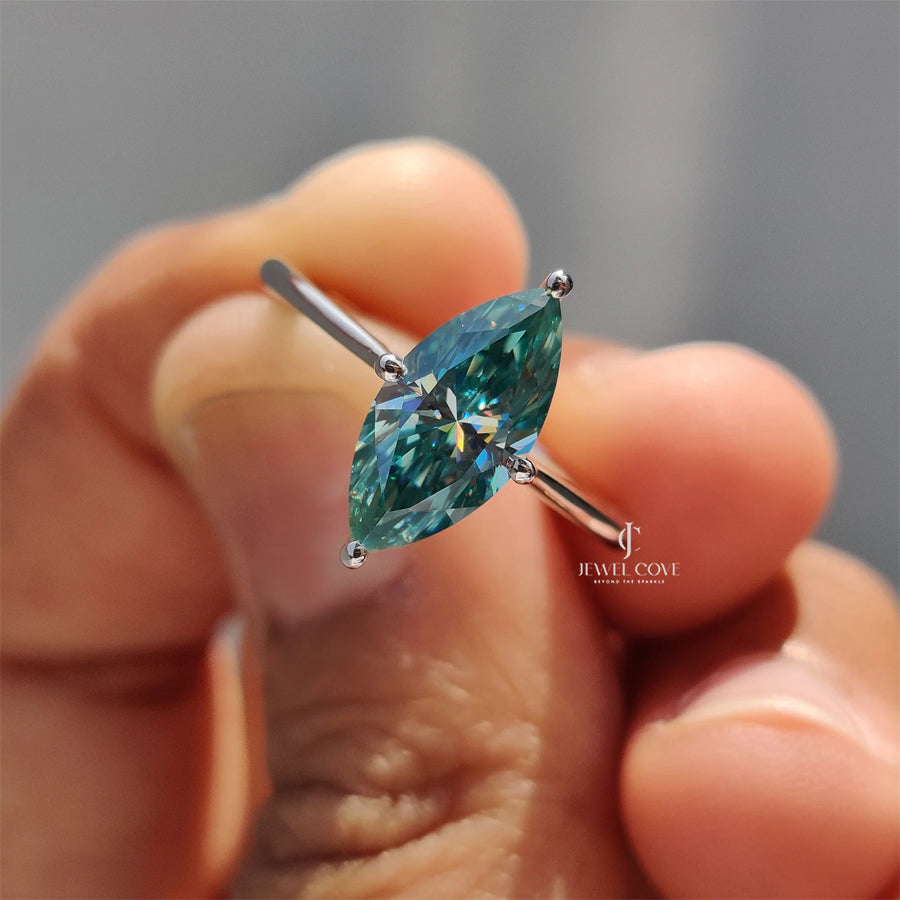 Cyan Blue Marquise Moissanite Engagement Ring | VVS-VS EF Color | IGI Certified