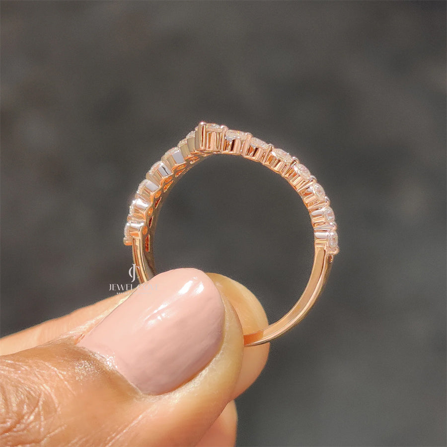 Round Cut Stackable Wedding Band In Double Row Chevron Style | Lab Grown Diamonds | IGI Certified | E-F Color