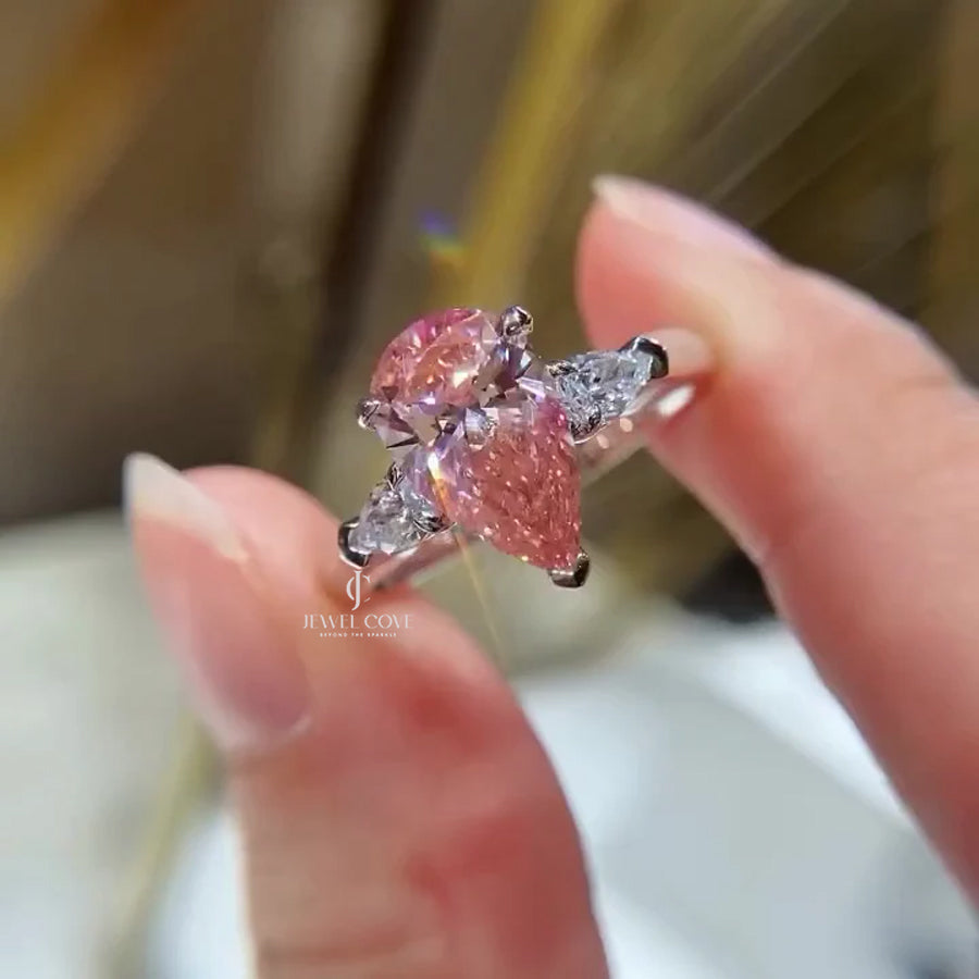 Pear Shape 2.60tcw Fancy Pink Lab Grown Diamond Engagement Ring | Three Stone Ring | 2.50ct Center | IGI Certificate