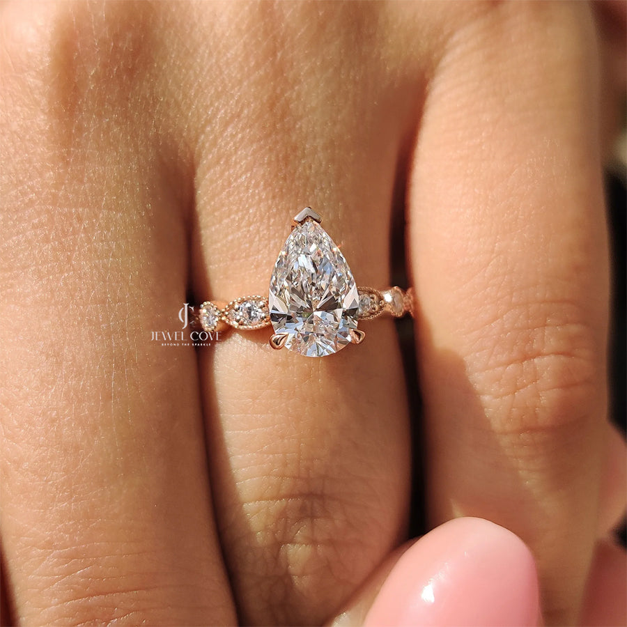 Pear Lab Grown Diamond Vintage Ring With Round Side Stone | IGI Certified