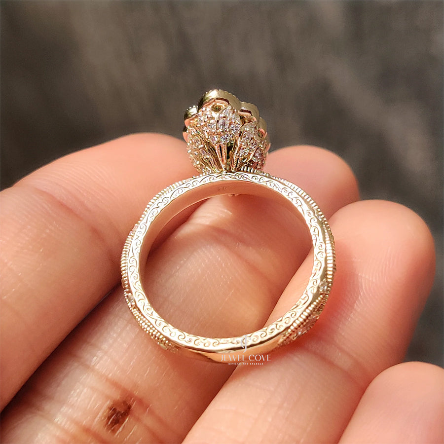 14K Vintage Green Marquise with Round Hidden Halo Flower Crown | Lab Grown Diamonds | IGI Certified