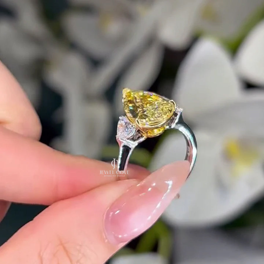 Pear Fancy Yellow 5.00tcw Lab Diamond Two Tone Three Stone Ring | Cathedral Setting | VVS–VS