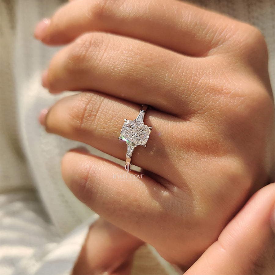 3 Stone Lab Grown Engagement Ring With Cushion And Tapered Baguette | IGI Certified