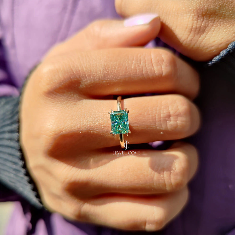 East- West Radiant Blue Lab Grown Engagement Ring Solitaire Style | IGI Certified | 14K White Gold