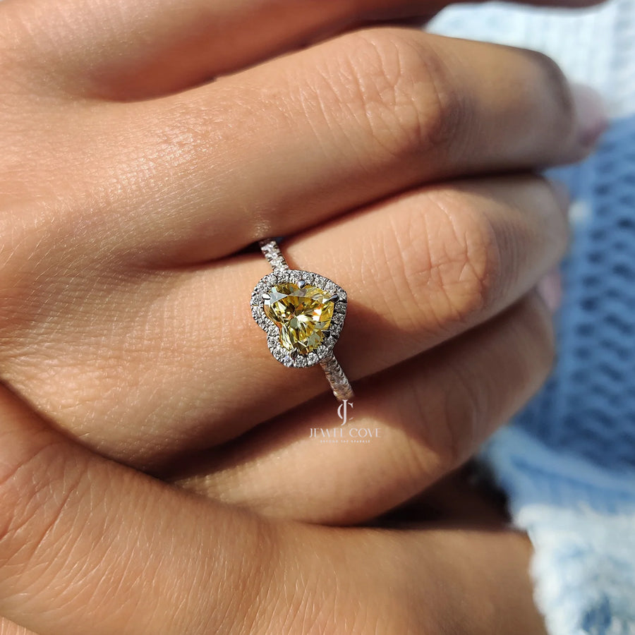 14K Halo Set Canary Yellow Heart Cut lab Grown Engagement Ring | Bezel Setting | IGI Certified