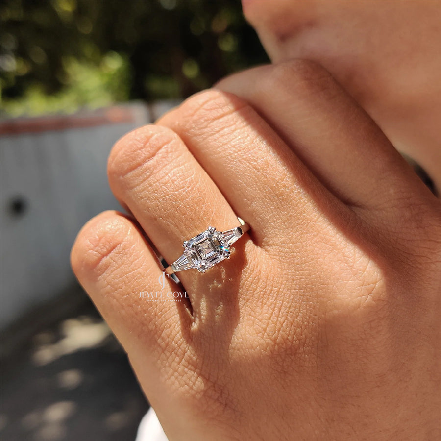 3 Stone Engagement Ring With Asscher and Baguette | Lab Grown Diamonds | IGI Certified
