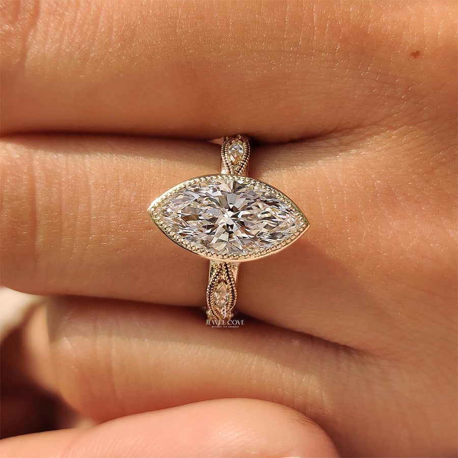 18K Vintage Marquise Diamond Bezel Set Engagement Ring with Pave Style | IGI Certified
