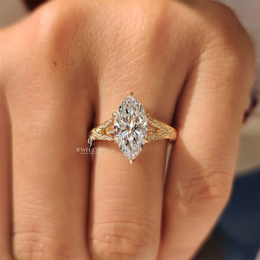 Marquise Cut Vintage Diamond Ring with Filigree Details | Lab Grown Diamonds | IGI Certified