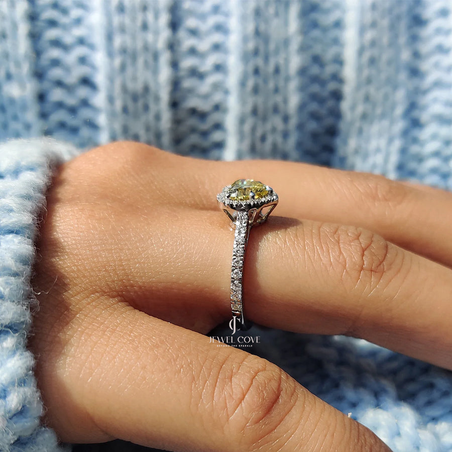 14K Halo Set Canary Yellow Heart Cut lab Grown Engagement Ring | Bezel Setting | IGI Certified