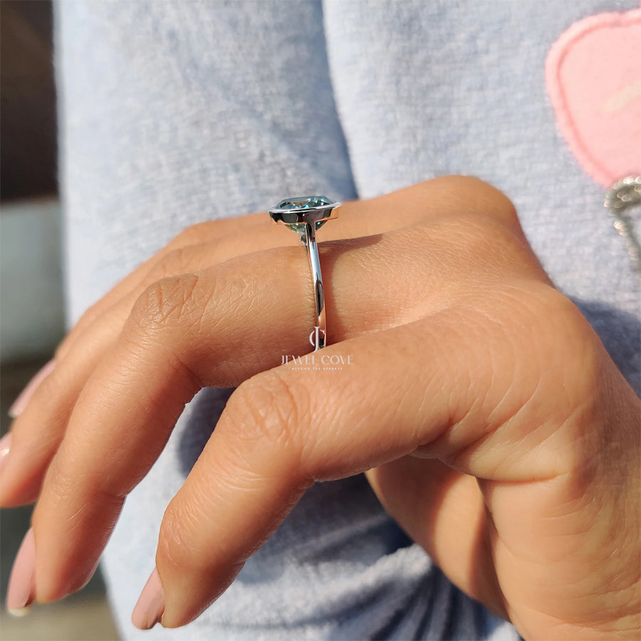Portuguese Cut Engagement Ring In Bezel Setting | Lab Grown Diamond | Cyan Blue solitaire ring | IGI Certified