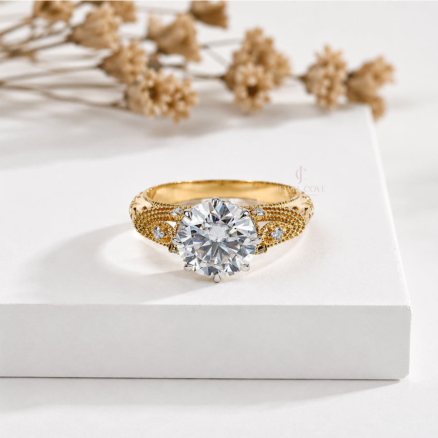 2.5CT Round Vintage Style Diamond Yellow Gold Ring | Lab Grown Diamonds | IGI Certified | VVS-VS Clarity