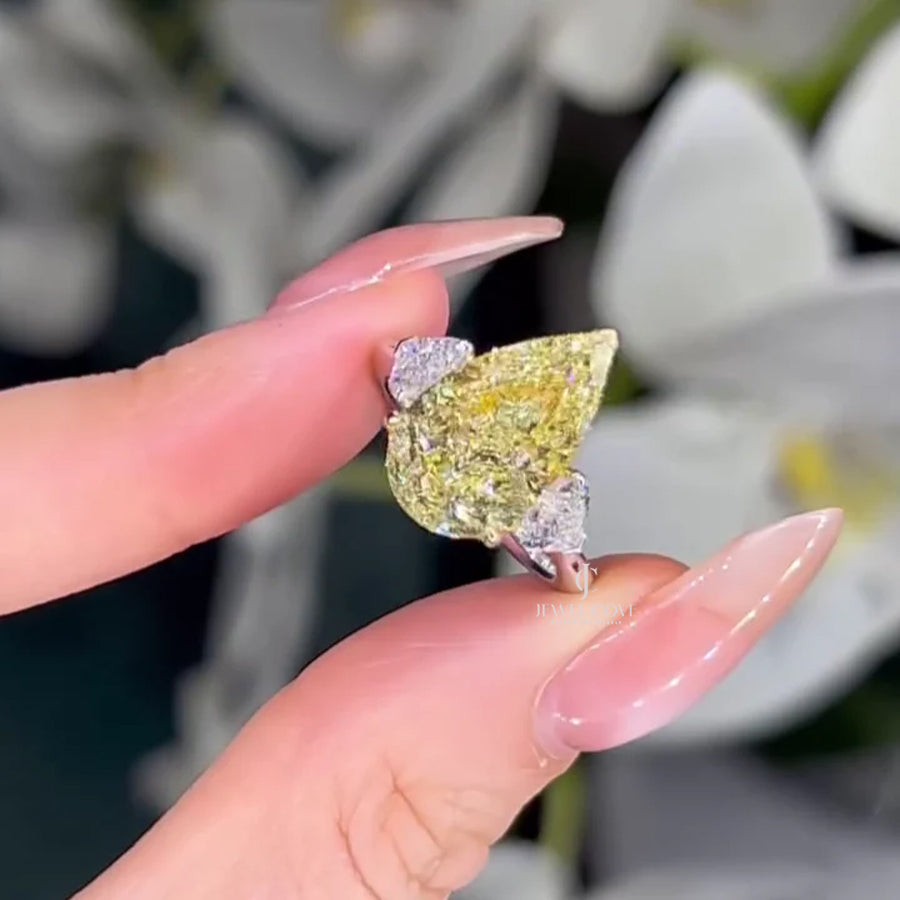 Pear Fancy Yellow 5.00tcw Lab Diamond Two Tone Three Stone Ring | Cathedral Setting | VVS–VS