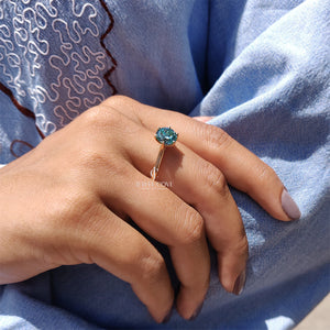Cyan Blue Portuguese Cut Solitaire Engagement Ring | Lab Grown Diamond | 6 prong Cathedral Ring