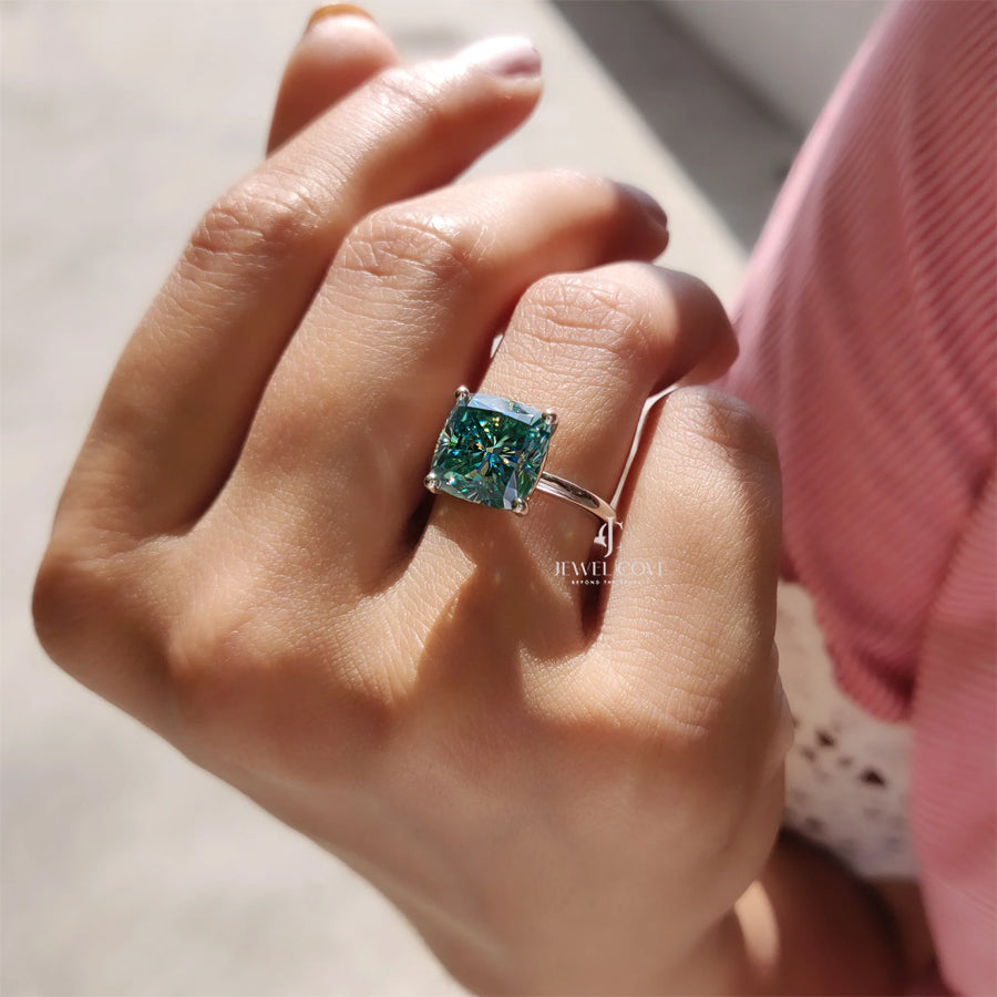 Cyan Blue Cushion Cut Lab Grown Solitaire Ring | IGI Certified | 14K White Gold | Solitaire Ring For Women