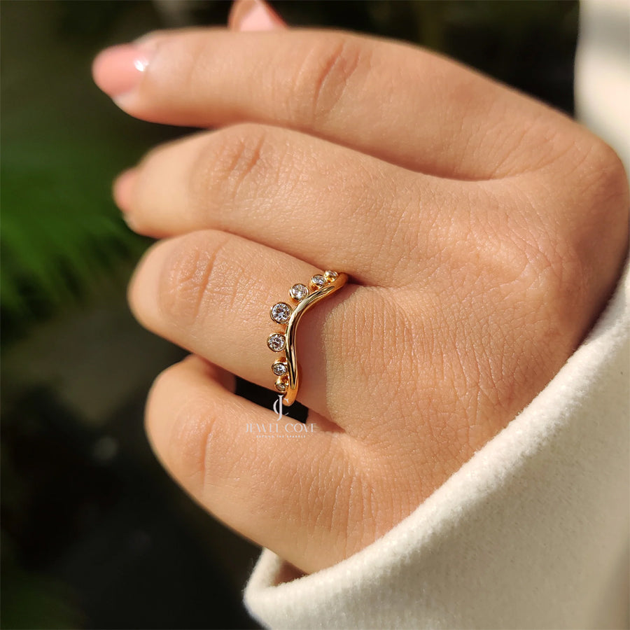 Bezel Set Curved Gold Wedding Band | Lab Grown Diamonds | IGI Certified | E-F Color