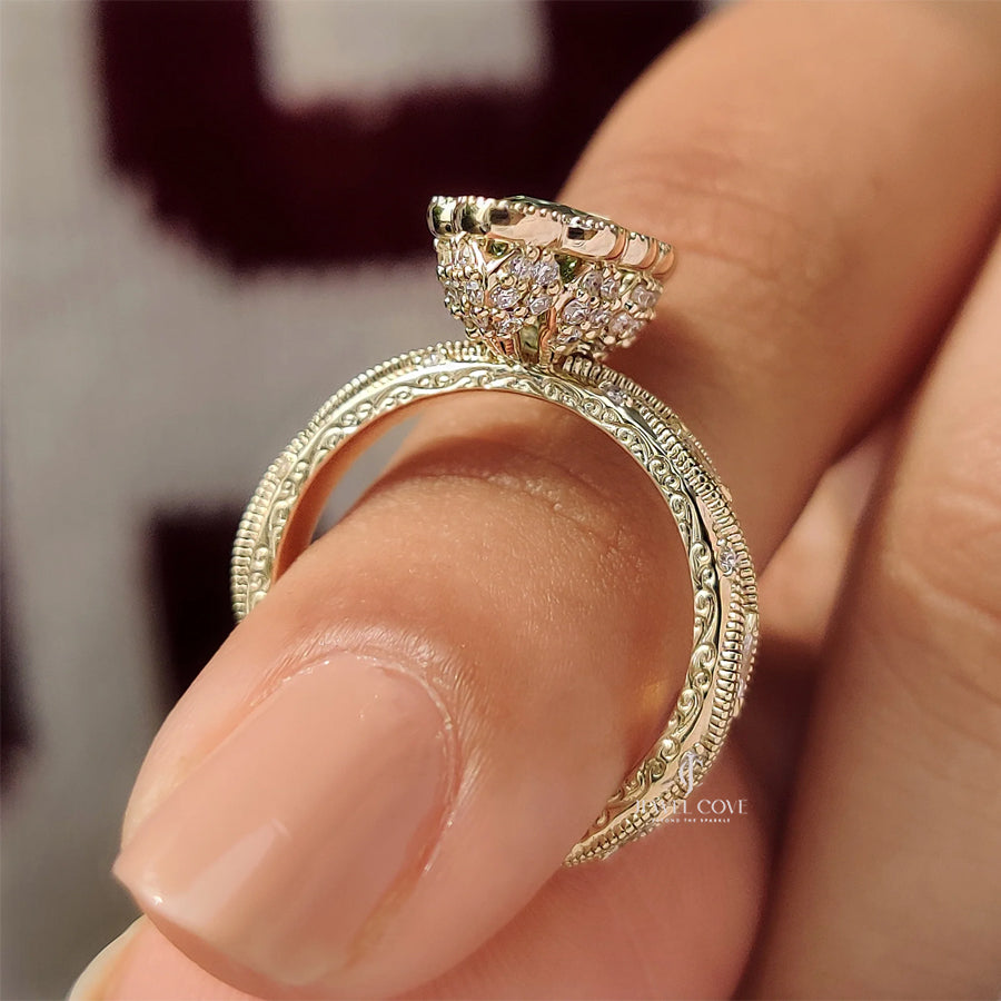 14K Vintage Green Marquise with Round Hidden Halo Flower Crown | Lab Grown Diamonds | IGI Certified