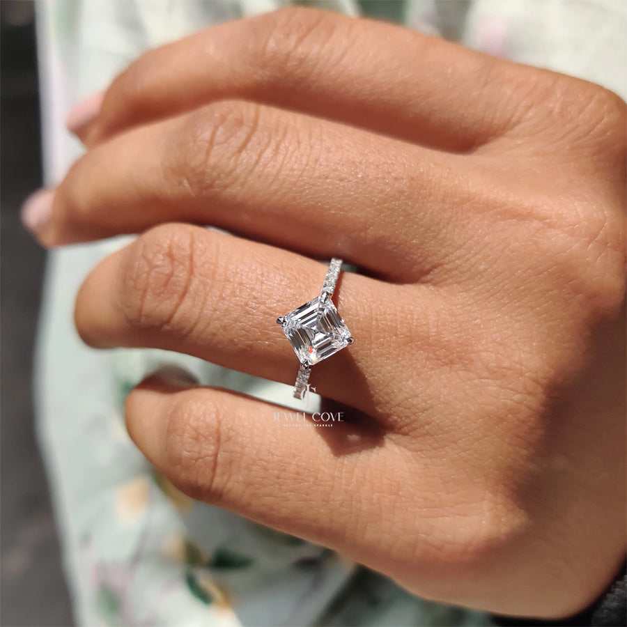 Asscher Cut Lab Grown Engagement Ring With Hidden Halo Design | IGI Certified