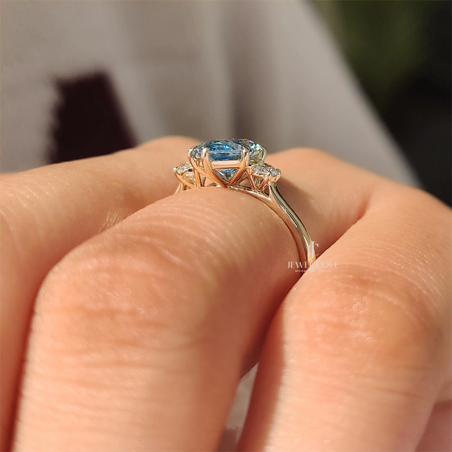 Blue Dutch Marquise Trilogy Engagement Ring with Oval Side Stones | Lab Grown Diamonds | IGI Certified