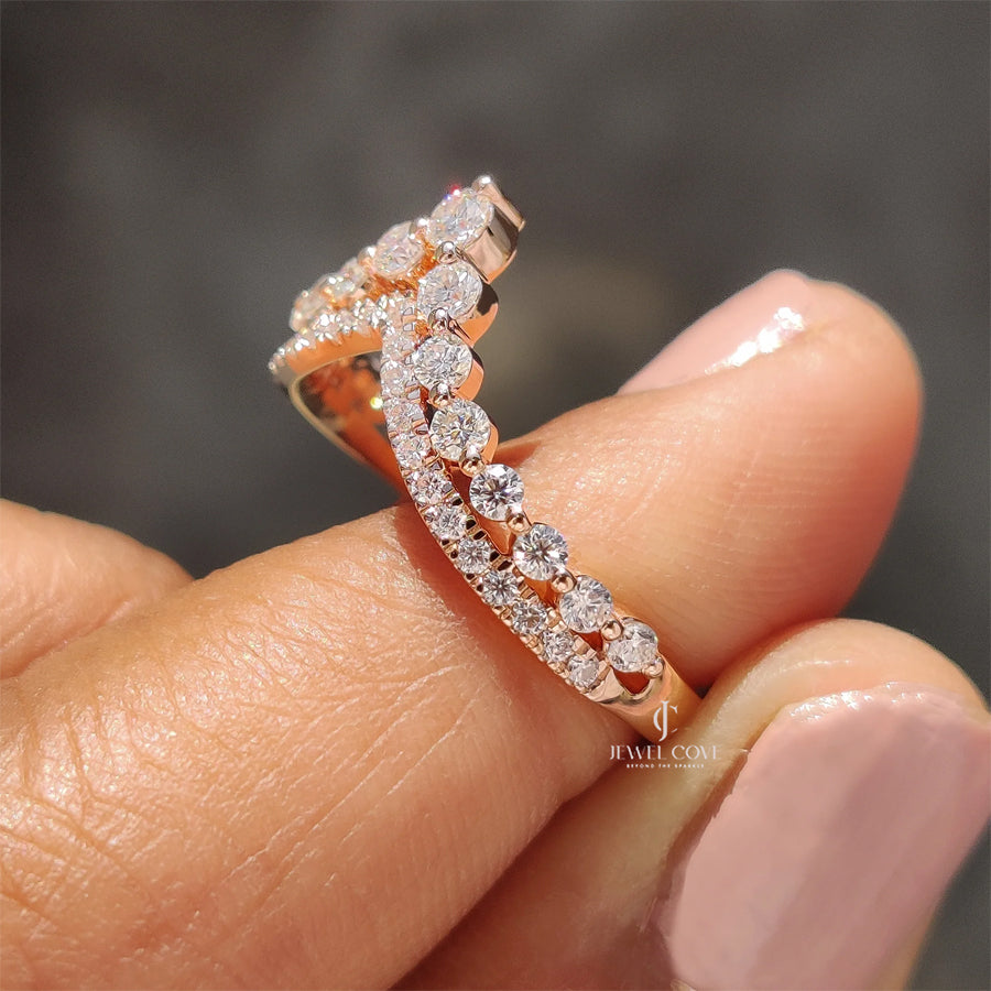Round Cut Stackable Wedding Band In Double Row Chevron Style | Lab Grown Diamonds | IGI Certified | E-F Color
