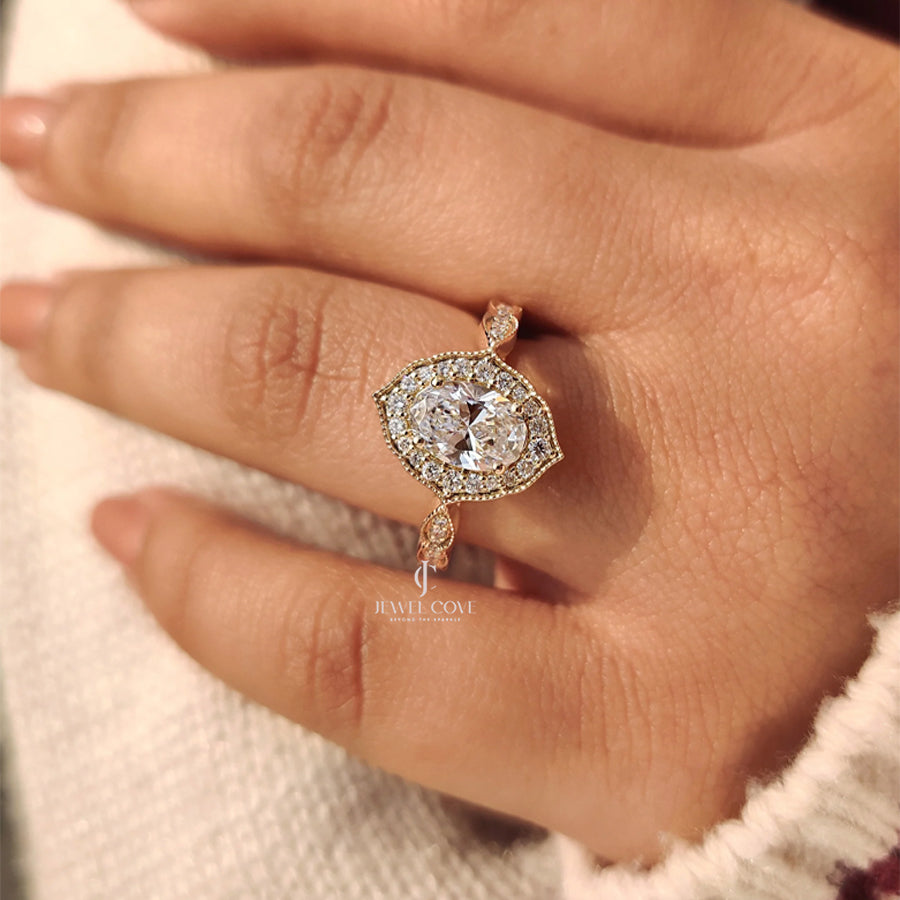 Vintage Oval Cut Diamond Ring in Milgrain Setting | Moissanite Diamonds | GRA Certified