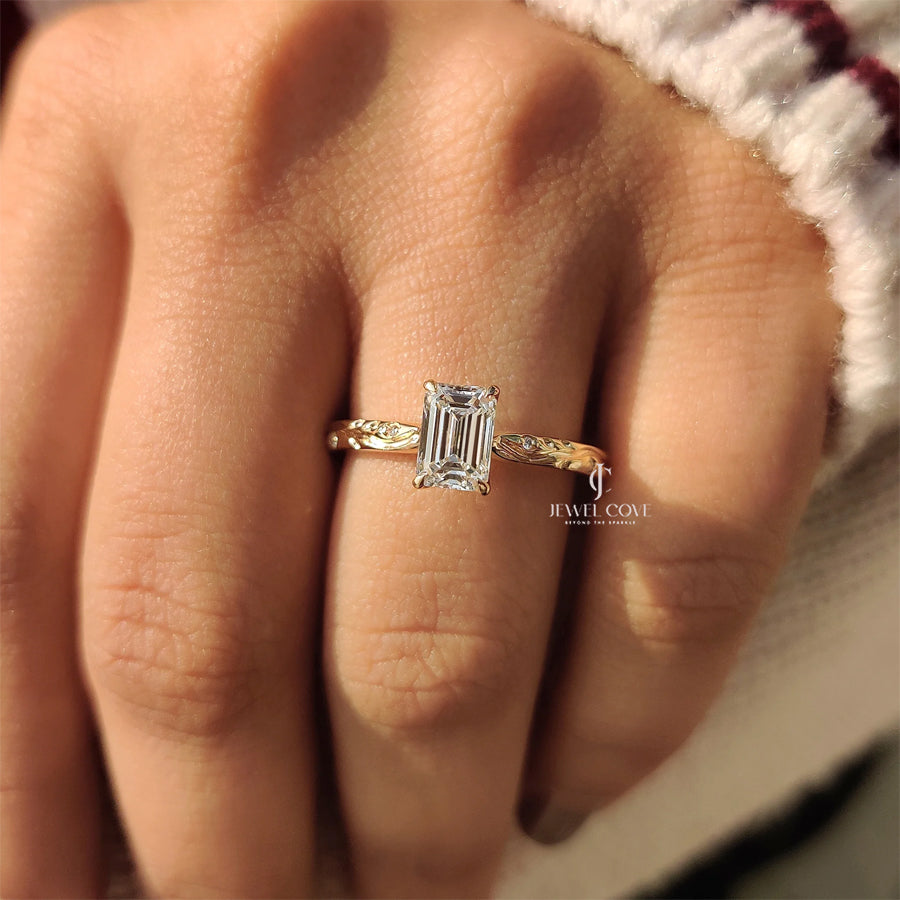 1CT Emerald Nature Inspired Diamond Ring | Lab Grown Diamonds | IGI Certified