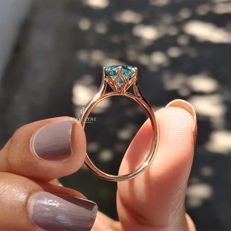 Cyan Blue Portuguese Cut Solitaire Engagement Ring | Moissanite Diamond | 6 prong Cathedral Ring