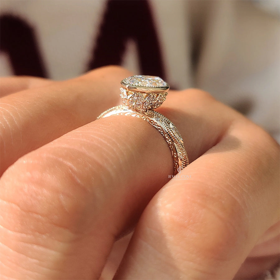 18K Vintage Marquise Diamond Bezel Set Engagement Ring with Pave Style | IGI Certified