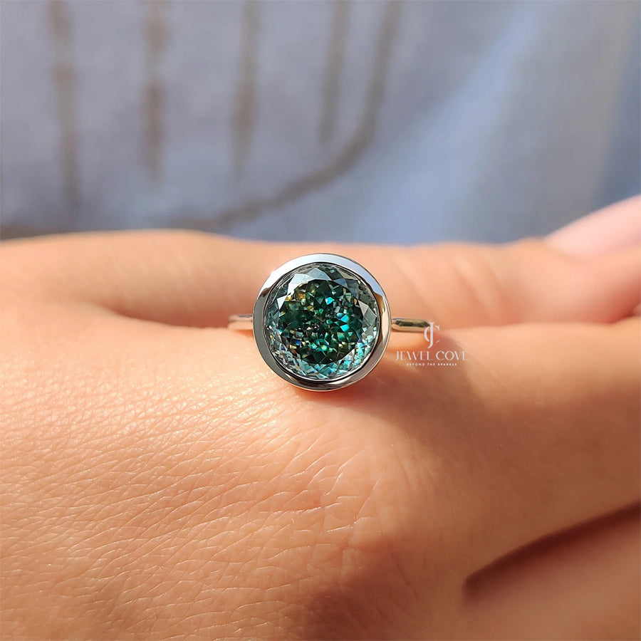 Portuguese Cut Engagement Ring In Bezel Setting | Lab Grown Diamond | Cyan Blue solitaire ring | IGI Certified