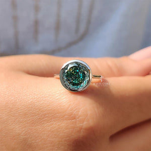 Portuguese Cut Engagement Ring In Bezel Setting | Lab Grown Diamond | Cyan Blue solitaire ring | IGI Certified