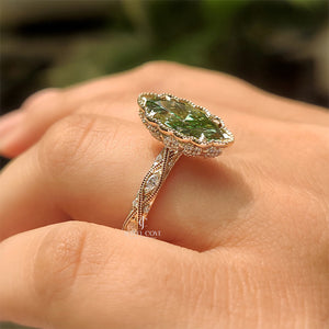 14K Vintage Green Marquise with Round Hidden Halo Flower Crown | Lab Grown Diamonds | IGI Certified