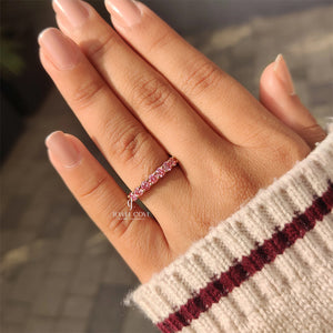 Pink Round Moissanite Diamond Wedding Band in Half Eternity Style | GRA Certificate
