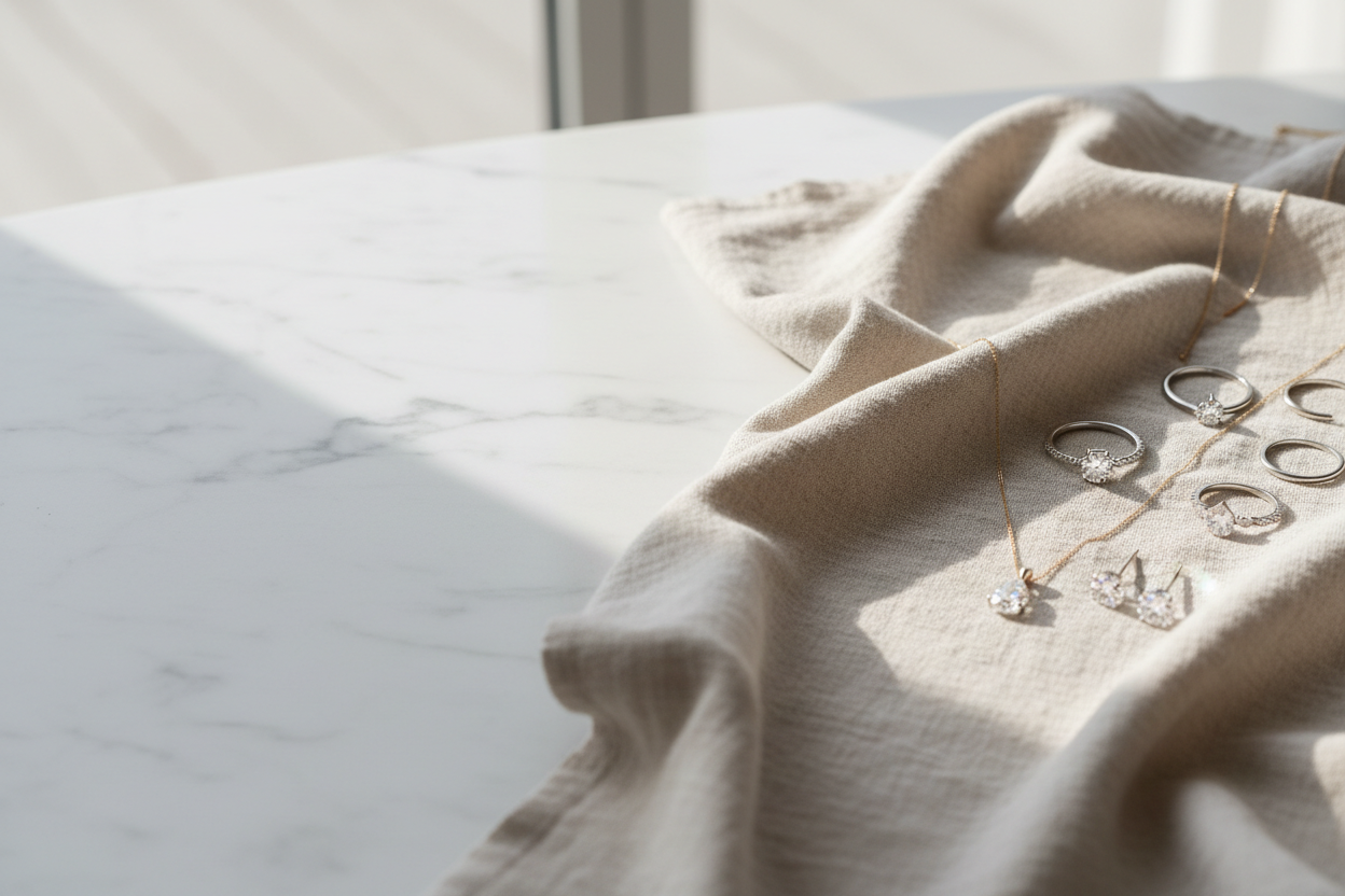 Create a luxurious and minimalist hero banner image for a jewelry brand blog titled “Our Journal”. 
The image should feature a soft, editorial-style aesthetic with neutral tones — white, beige, soft cream, or light grey.

Include:
– A flatlay or lifestyle scene with elegant lab-grown diamond jewelry (rings, pendants, earrings) placed on soft fabric or marble surface.
– Natural soft lighting with gentle shadows.
– Clean space on one side to add text overlay (“Our Journal”).
– Mood: premium, calm, artistic, m