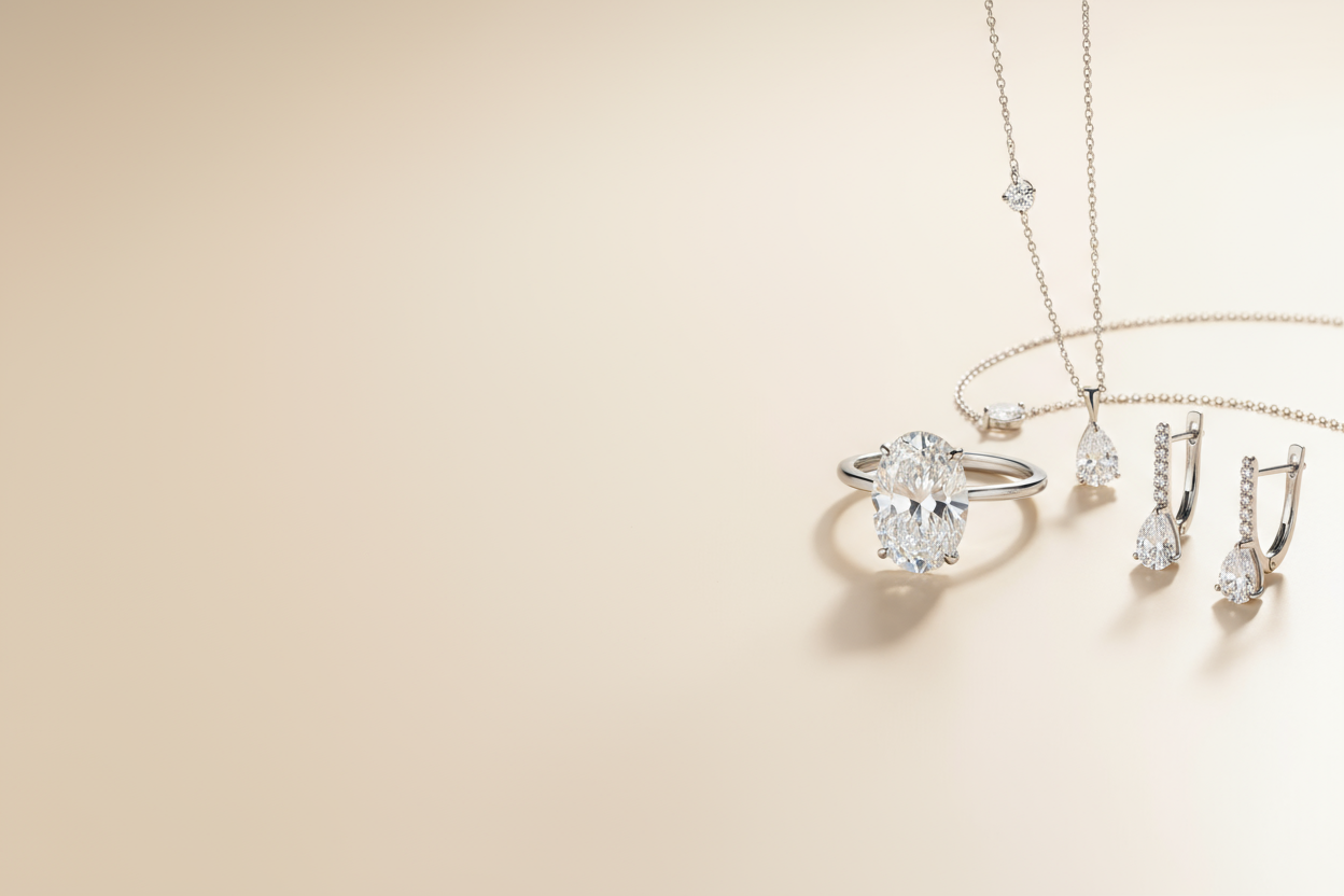 Create a modern, minimalistic website banner for a jewelry brand’s “About Us” page. The banner should have a clean, luxurious background (soft gradient or light neutral tones). Focus the main visual objects — such as fine jewelry pieces (rings, necklaces, or earrings with lab-grown diamonds) — positioned toward the center and right side of the frame. Keep the left side empty or softly lit for future text placement. The jewelry should appear elegant, high-quality, and well-lit with soft reflections. Maintain