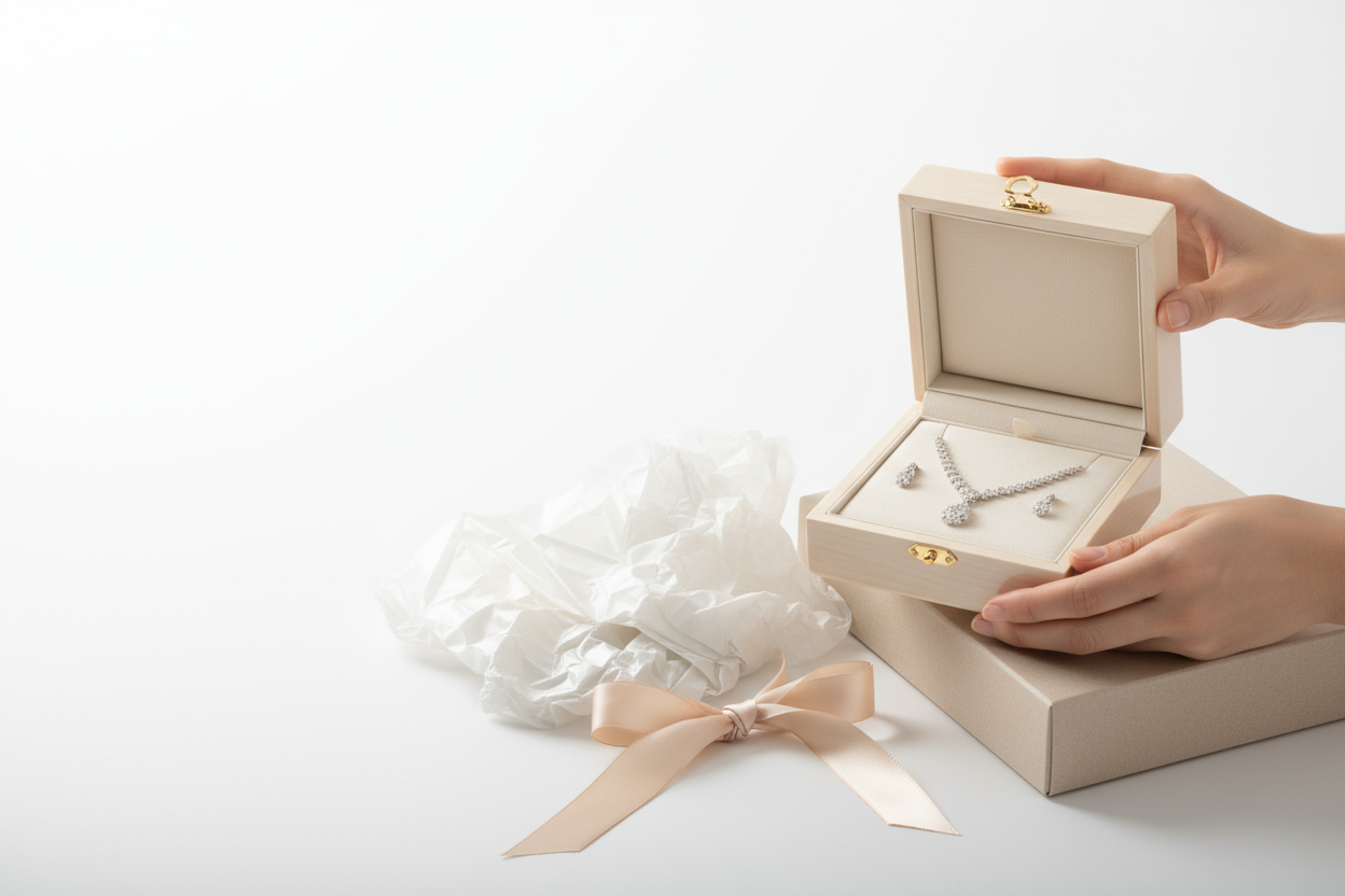 Create a soft, elegant image representing safe jewelry delivery. Use a bright, minimal background in white or light beige. Focus on a jewelry box being gently held or opened, with a subtle sparkle from a diamond piece inside. Include hints of wrapping paper, ribbon, or a courier parcel nearby to suggest secure shipping. Keep the main focus toward the center and right, leaving light space on the left. No text, no logos — just a clean, luxurious, and trustworthy visual.