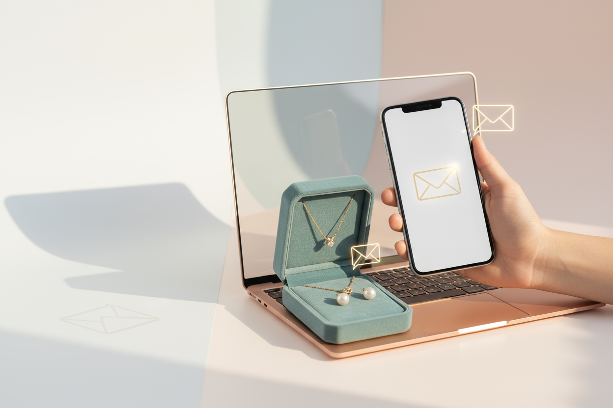 Create a warm, inviting image for a “Contact Us” section. Use a bright, minimal background (white or soft pastel tones). Focus on visuals like a hand holding a phone, a laptop beside a jewelry box, or a soft focus on jewelry with communication icons (like chat or email symbols) subtly implied through design. Add gentle lighting to create a friendly and professional feel. Keep the main focus on the center and right side, with open space on the left. No text, no logos — just a clean, approachable, and trustwo