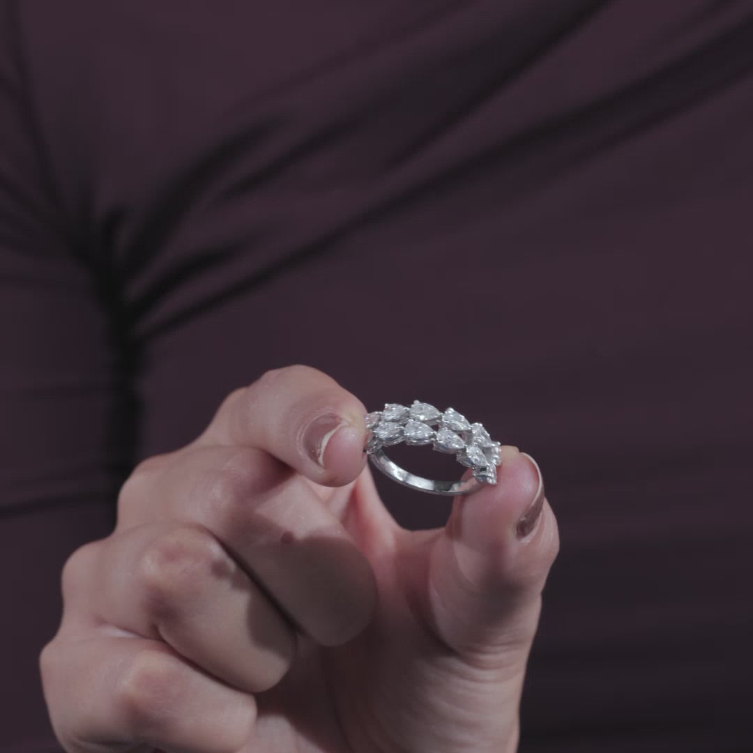 Pear Shape Diamond Half Eternity Ring, Moissanite Diamonds, White Gold Wedding Band, Pear Cut Stacking Ring