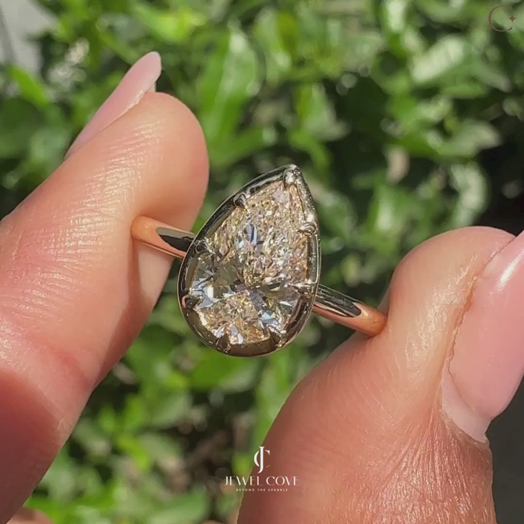 Pear Cut Diamond Ring in Bezel Type Prong Setting | Lab Grown Diamonds | IGI Certified | E-F Color