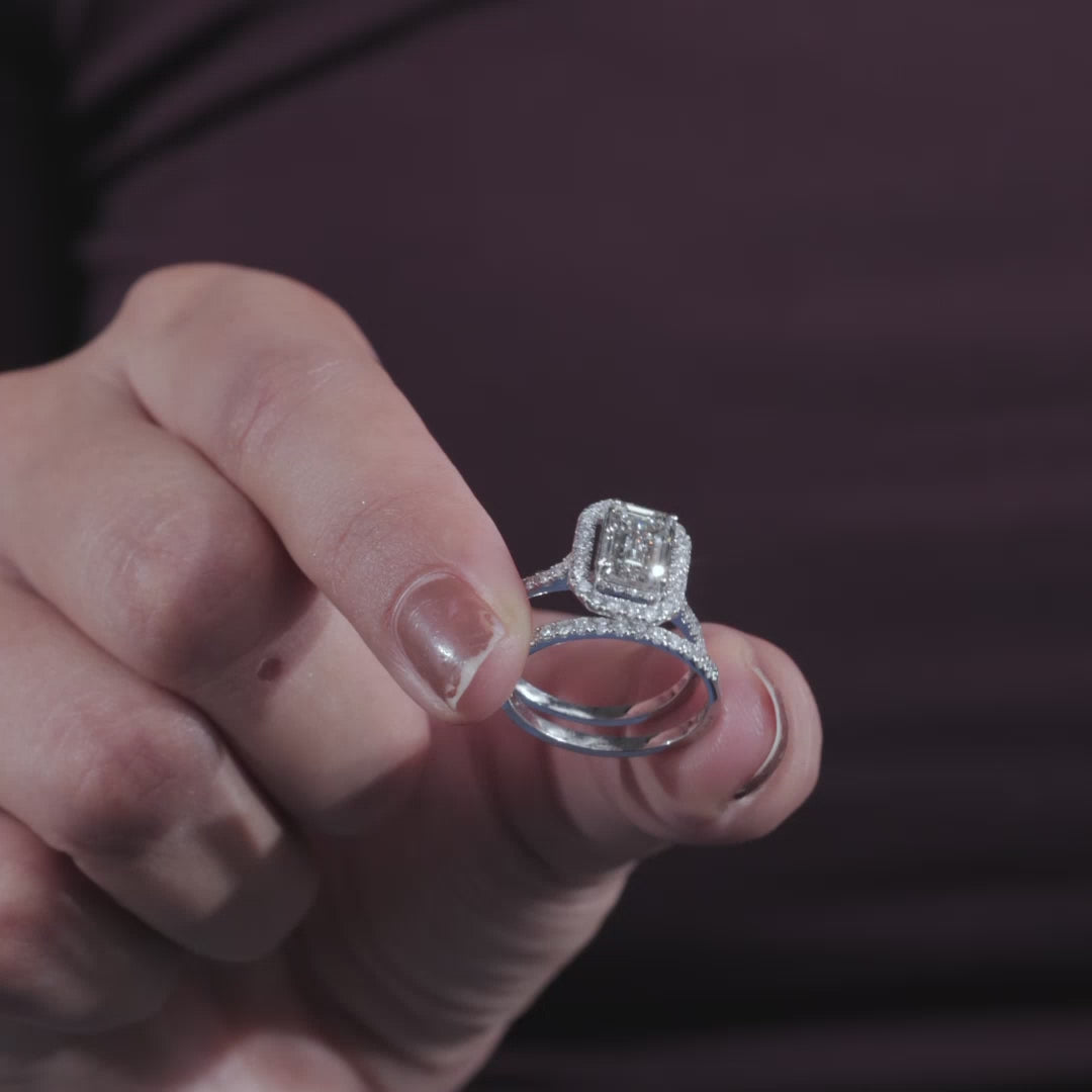 Emerald Cut Lab Grown Diamond Ring, Halo Setting Engagement Ring, White Gold Double Band