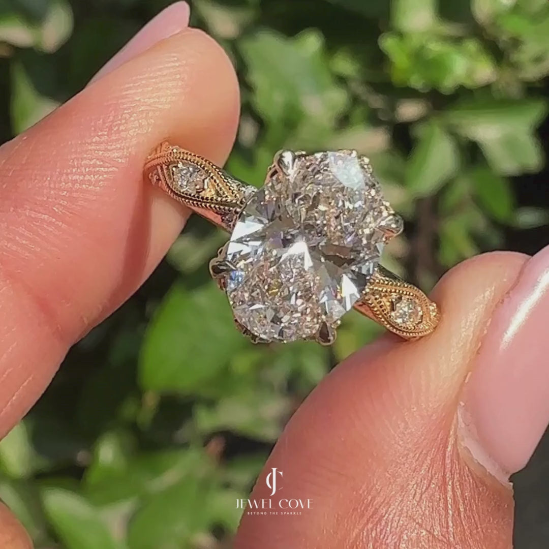 2CT Vintage Art Deco Oval Cut Diamond Ring | Moissanite Diamonds | GRA Certified